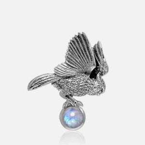 Ted Andrews Silver Horned Owl Pendant with Rainbow Moonstone